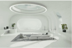 A living room with a white couch and a round window